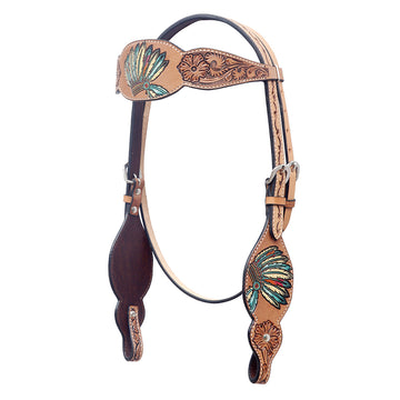 BAR H EQUINE Western Horse Floral Hand Painted Genuine Leather Headstall Tan